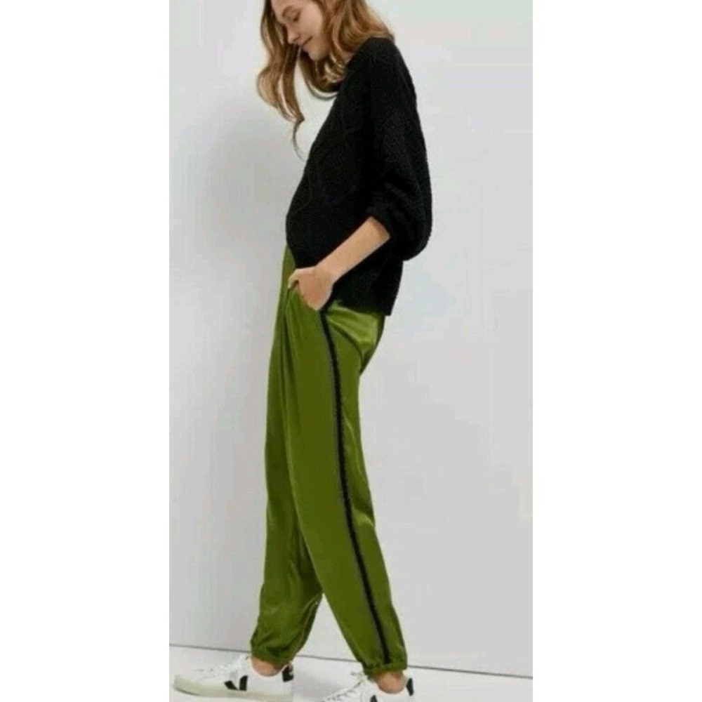 Olive Green Satin Track Pants with Black Side Stripe